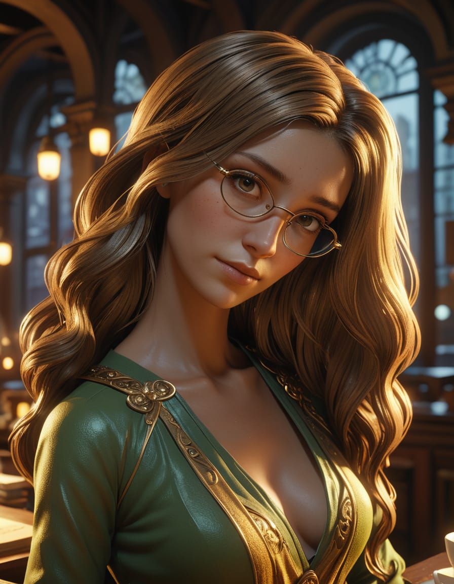 Hyperrealistic Librarian Portrait in Art Nouveau Style