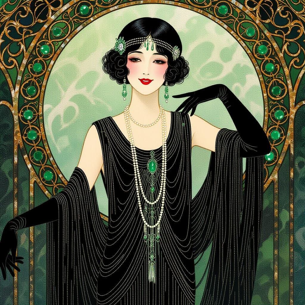 Elegant Flapper in Art Nouveau Style Dress