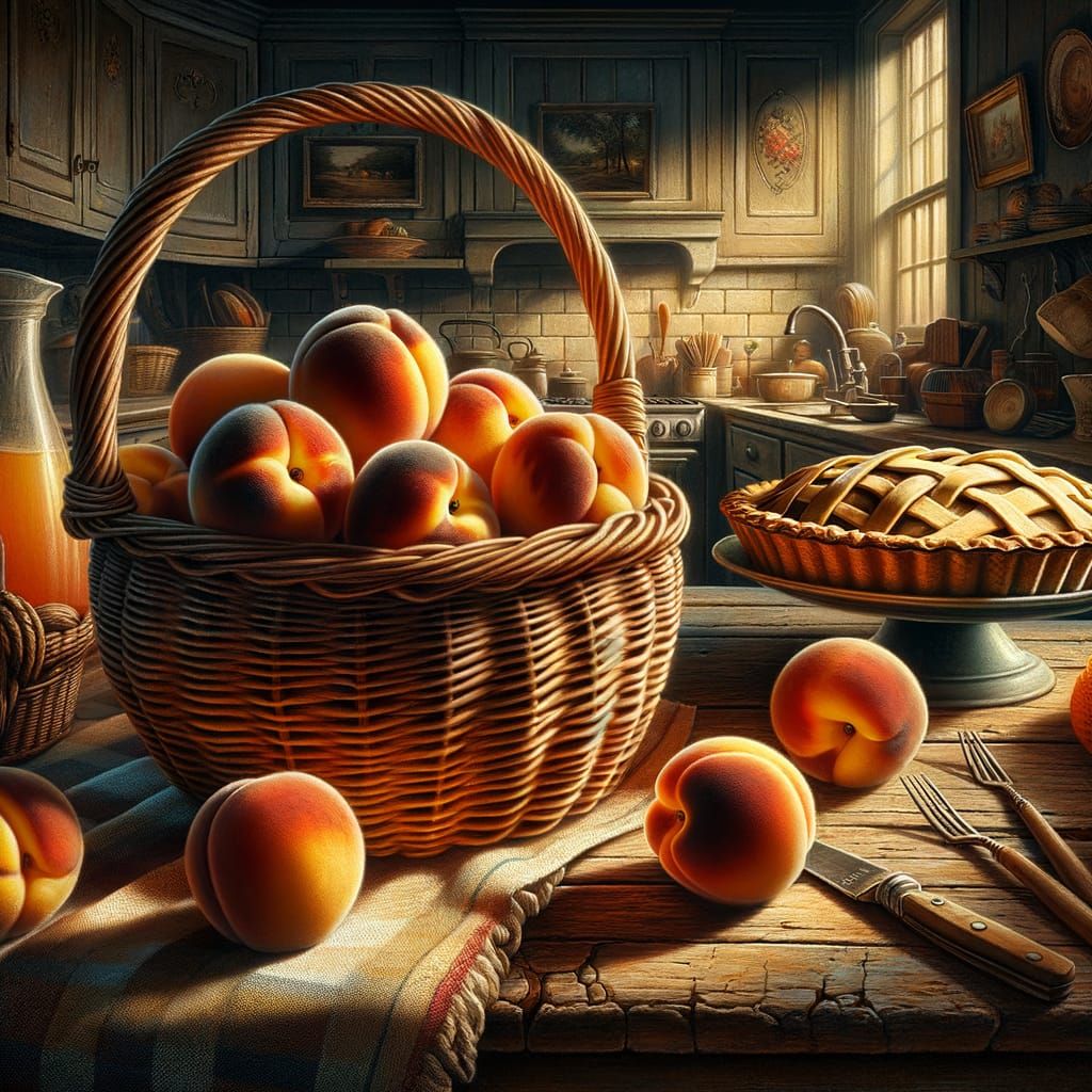 Vintage Kitchen Still Life with Ripe Peaches
