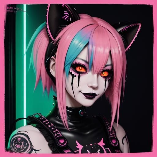 Kawaii Punk Neko Girl in Anime Horror Style