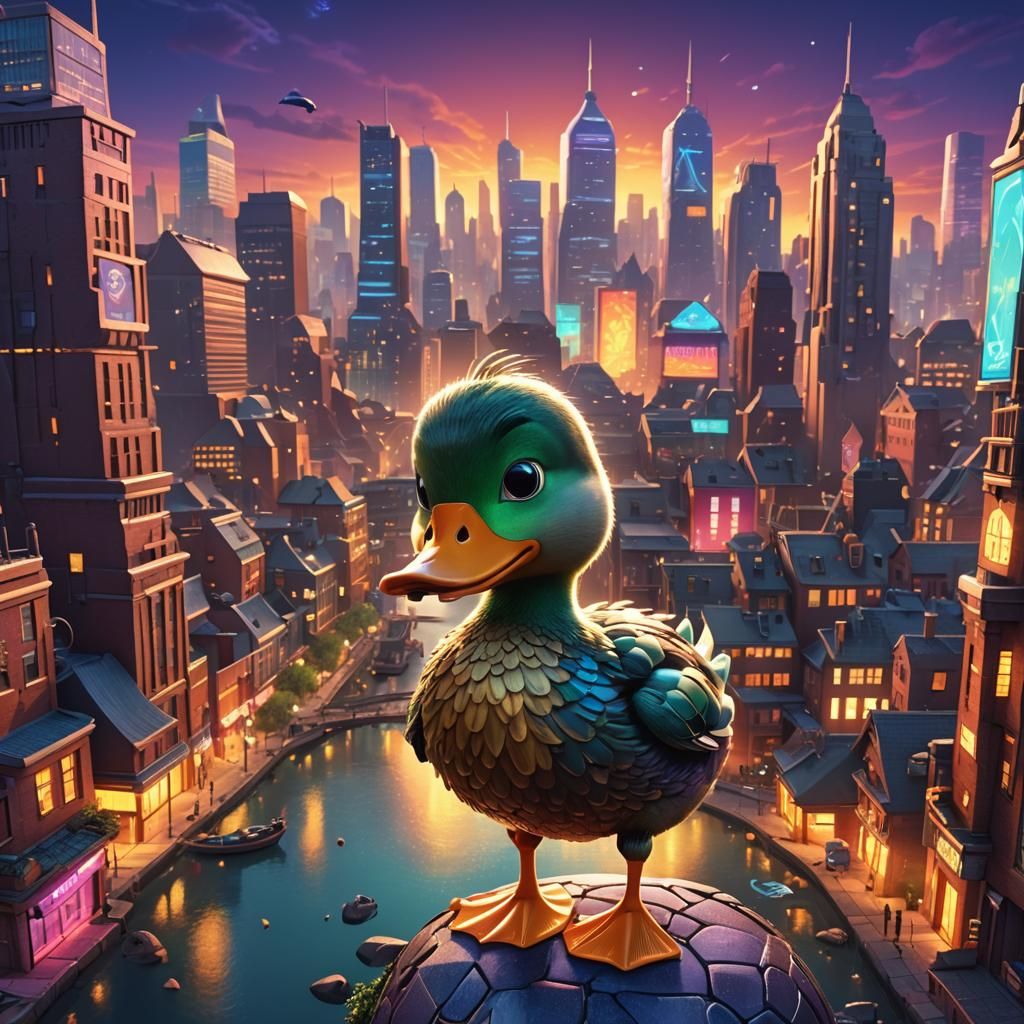 Cartoon Duck in Futuristic City, Pixar-inspired 3D Art