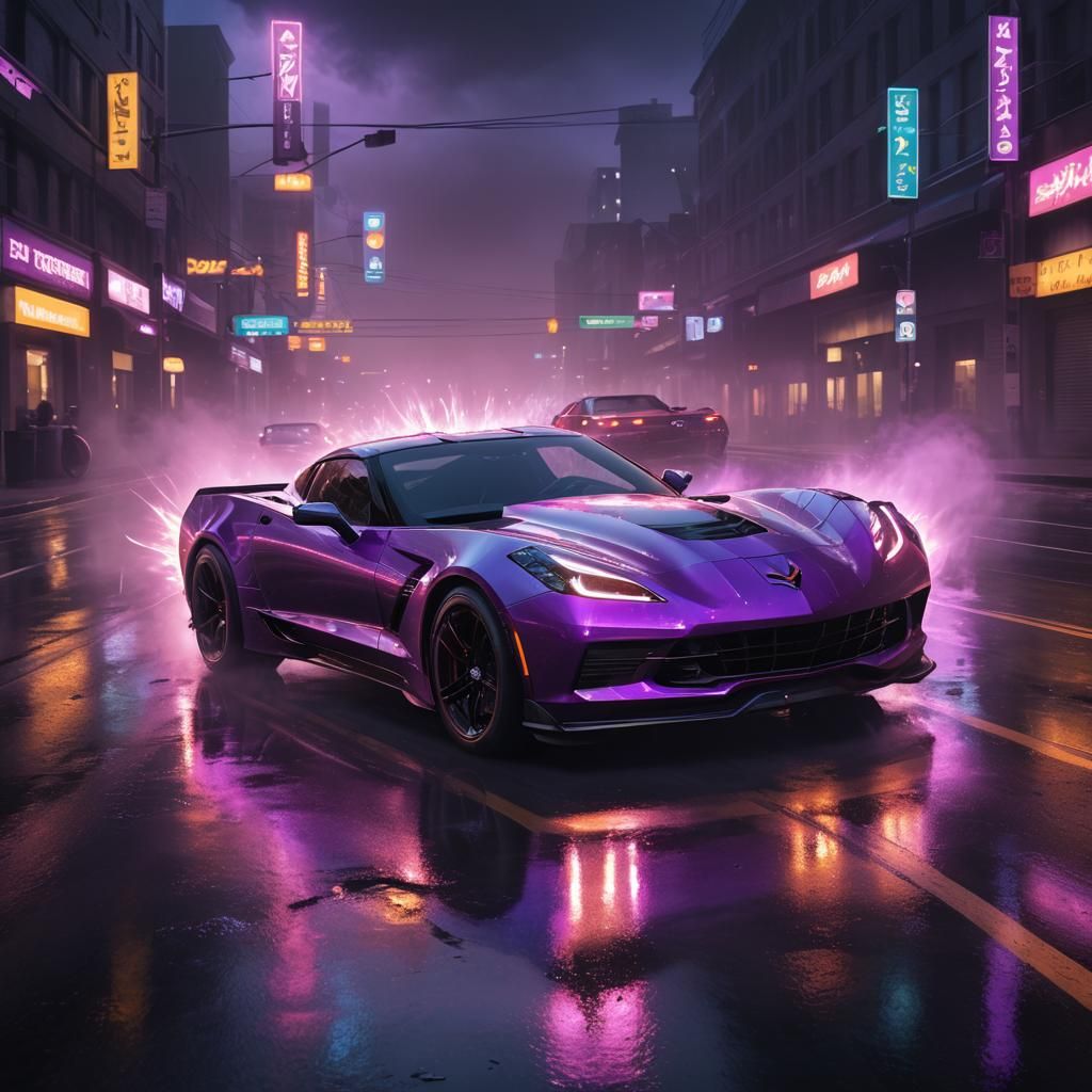 Corvette Speeds Down Misty Highway in Neon Glow