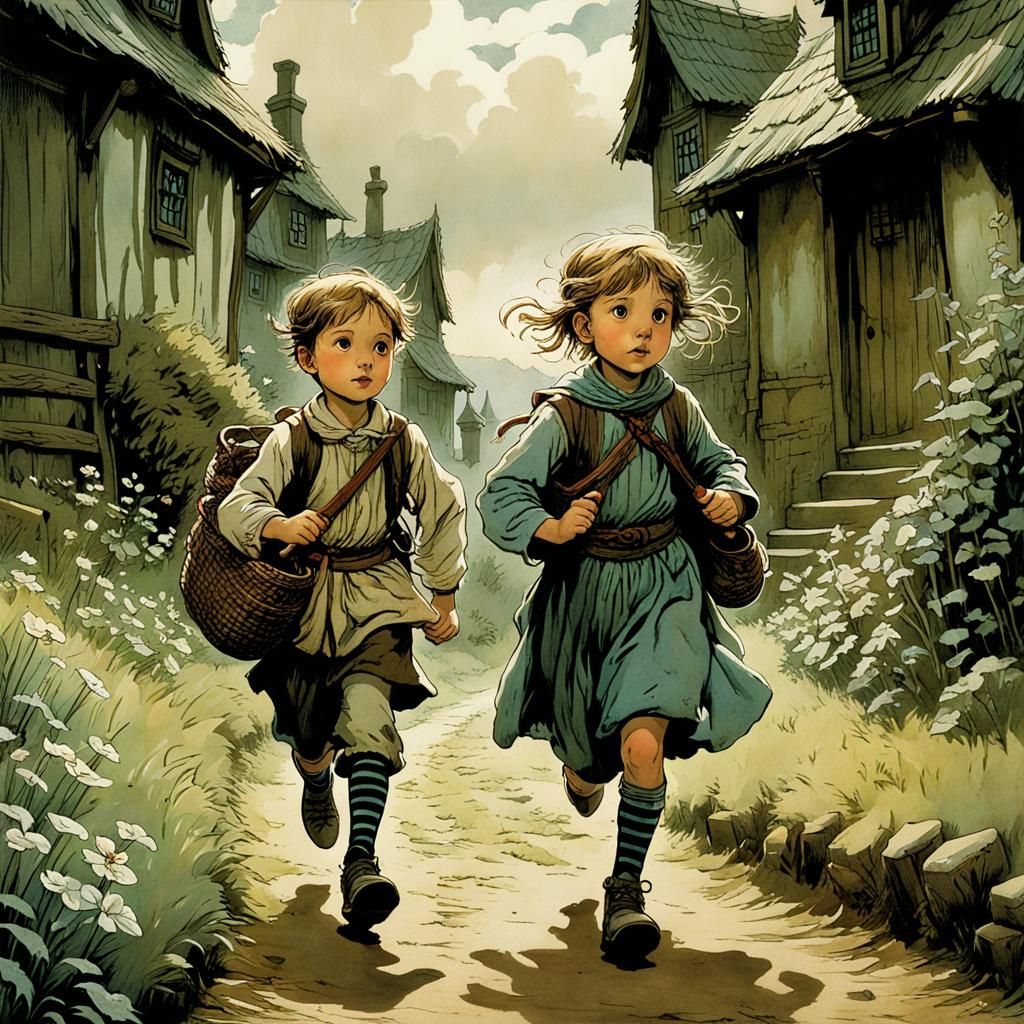 Siblings' Runaway Adventure: Whimsical Illustration