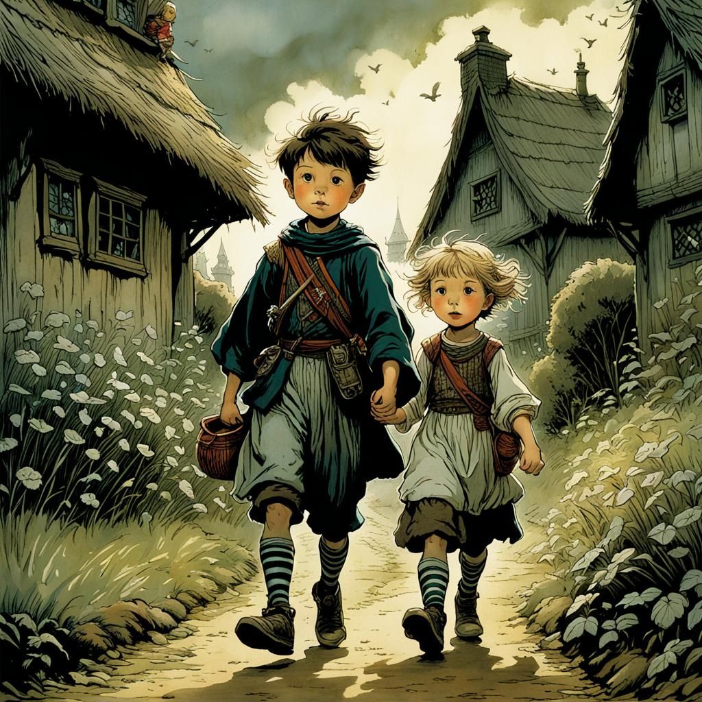 Runaway Siblings: Whimsical Children's Book Illustration