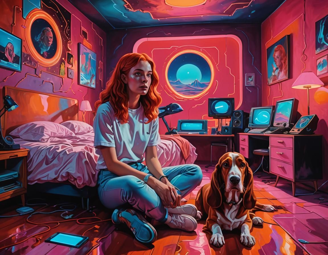 Synthwave Teen in Retro-Futuristic Bedroom with Basset Hound