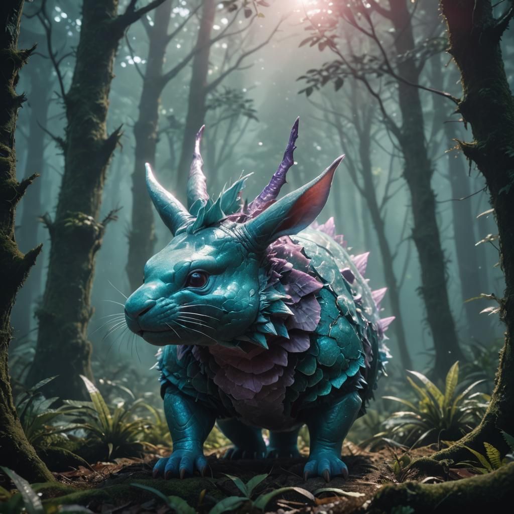 Teal Nidorino Portrait in Misty Forest, Digital Art