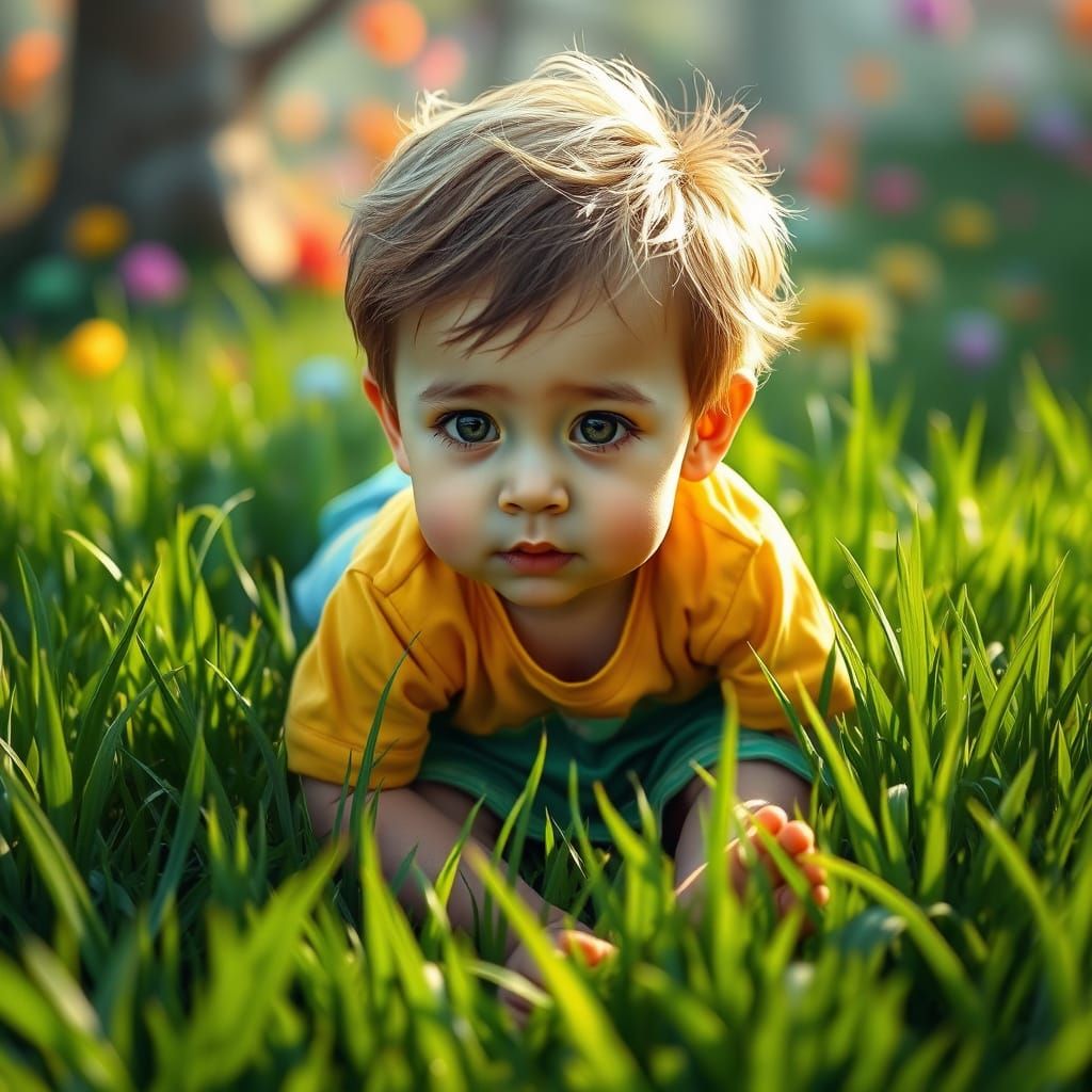 Child in Yellow Shirt Relaxing in Lush Green Grass