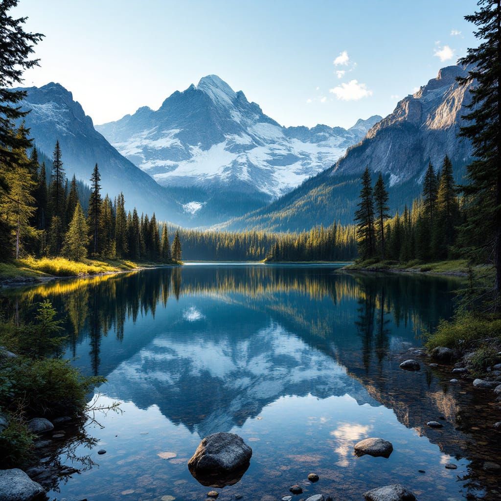 Majestic Mountains Reflected in Serene Lake Landscape Photog...