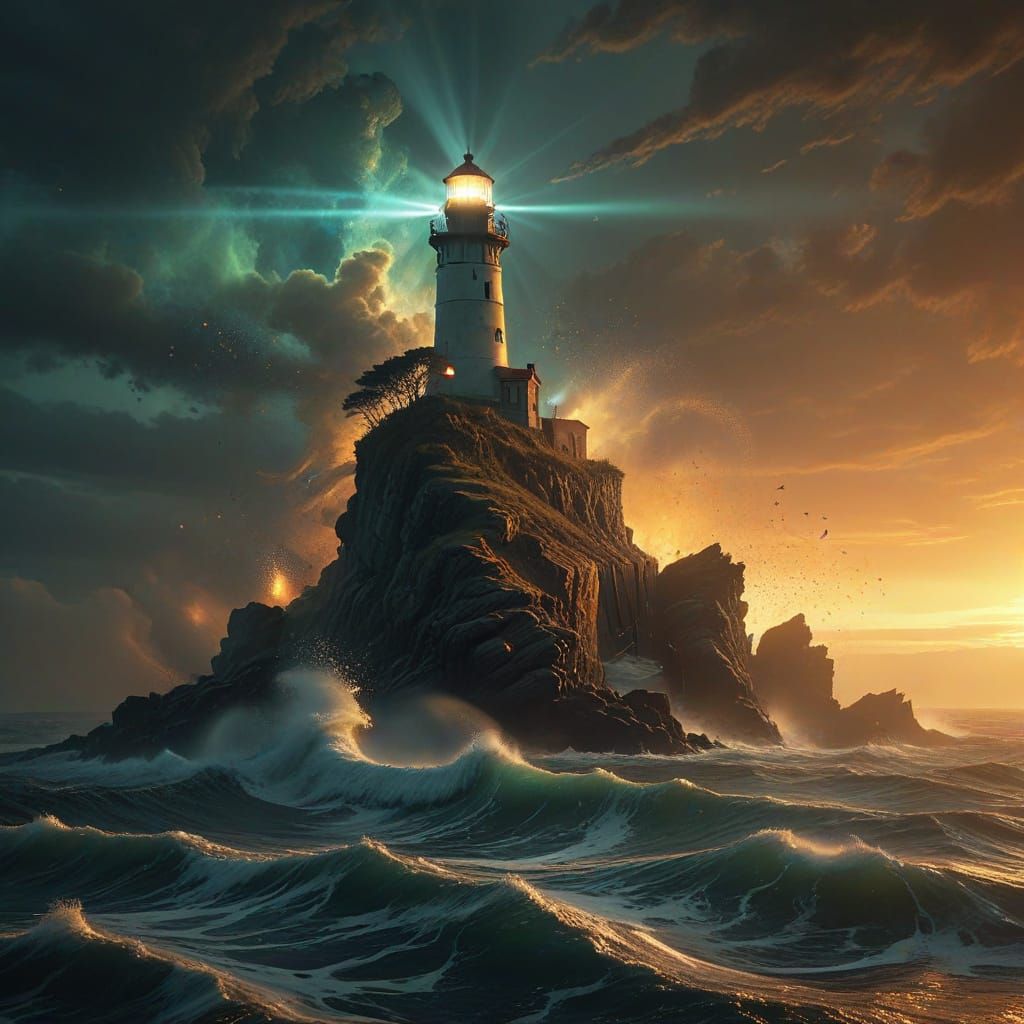 Beksiński-Inspired Lighthouse in Cosmic Fog