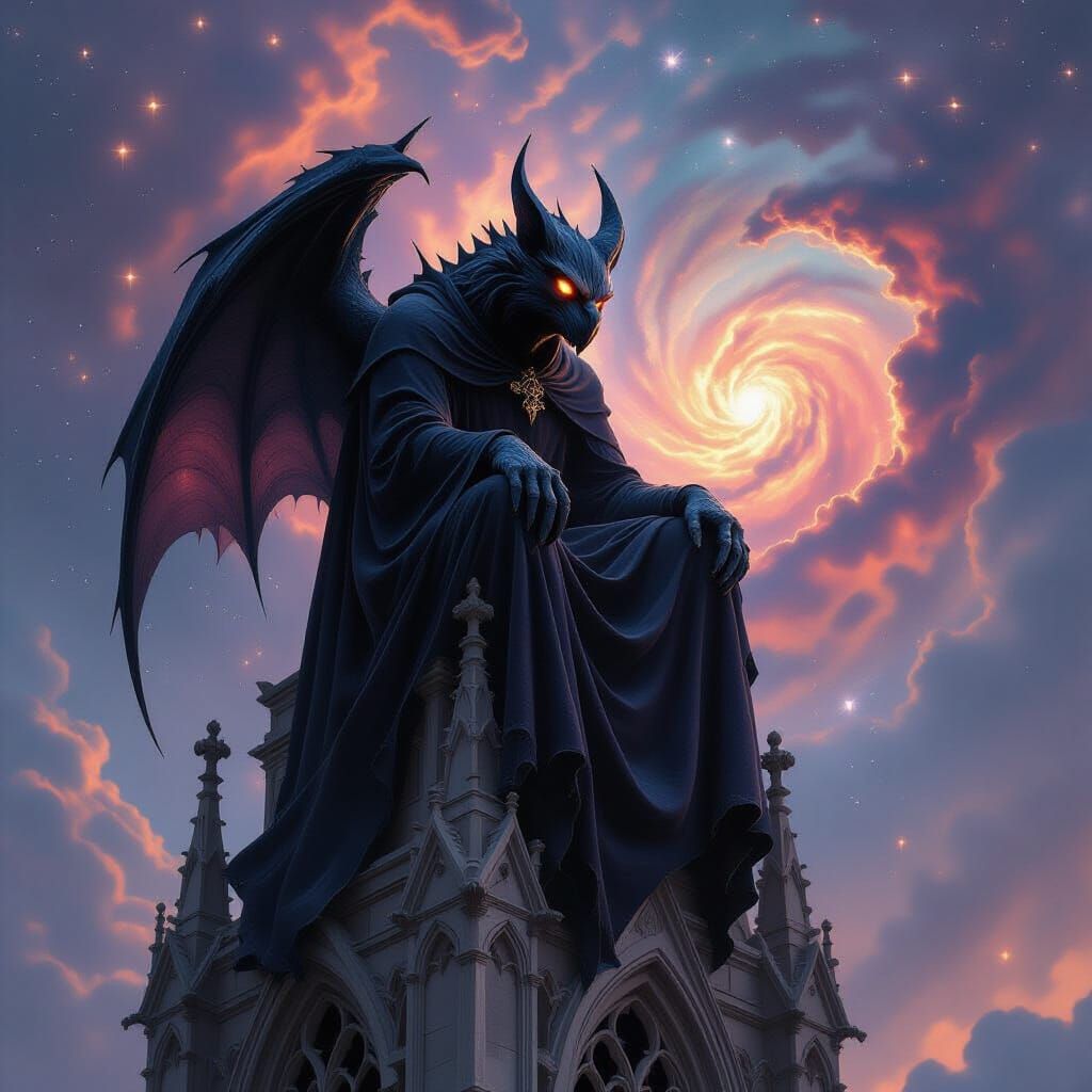 Ancient Obsidian Gargoyle on Gothic Spire Amidst Nebula