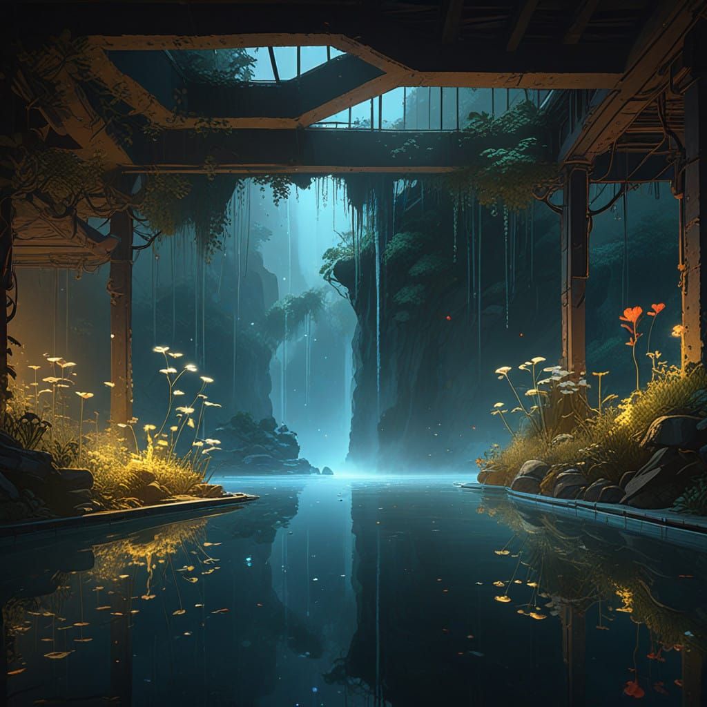Dreamlike Caverns with Glowing Waterfalls and Luminous Pool