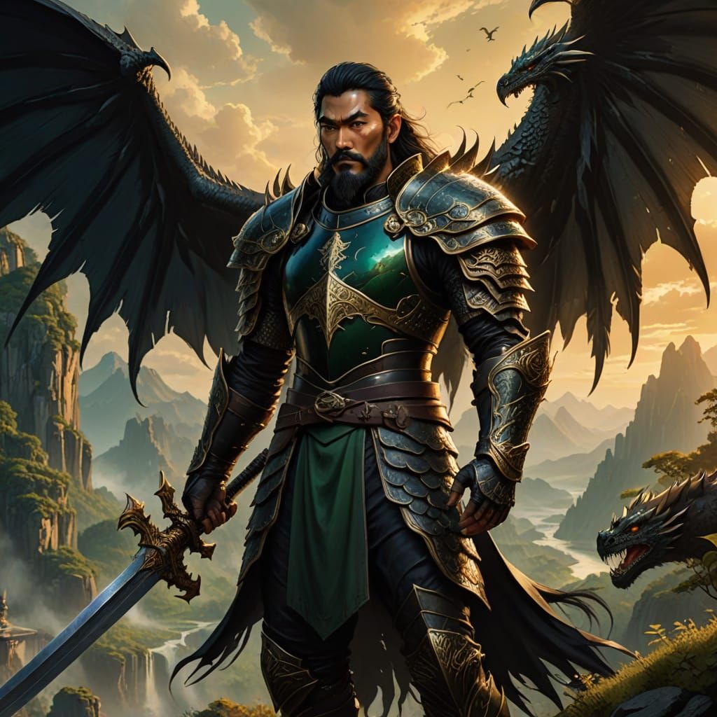 Heroic Asian Warrior Stands on Floating Mountains in Golden ...