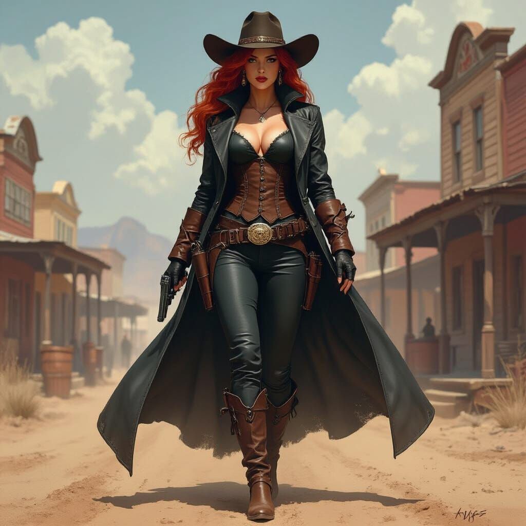 Redhead Gunslinger in Old West Town, Fantasy Art