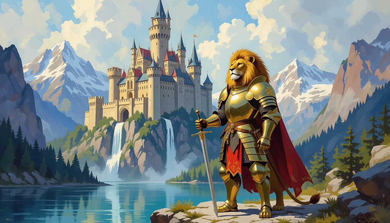 Lion Knight Guarding Mountain Castle as Gouache Painting