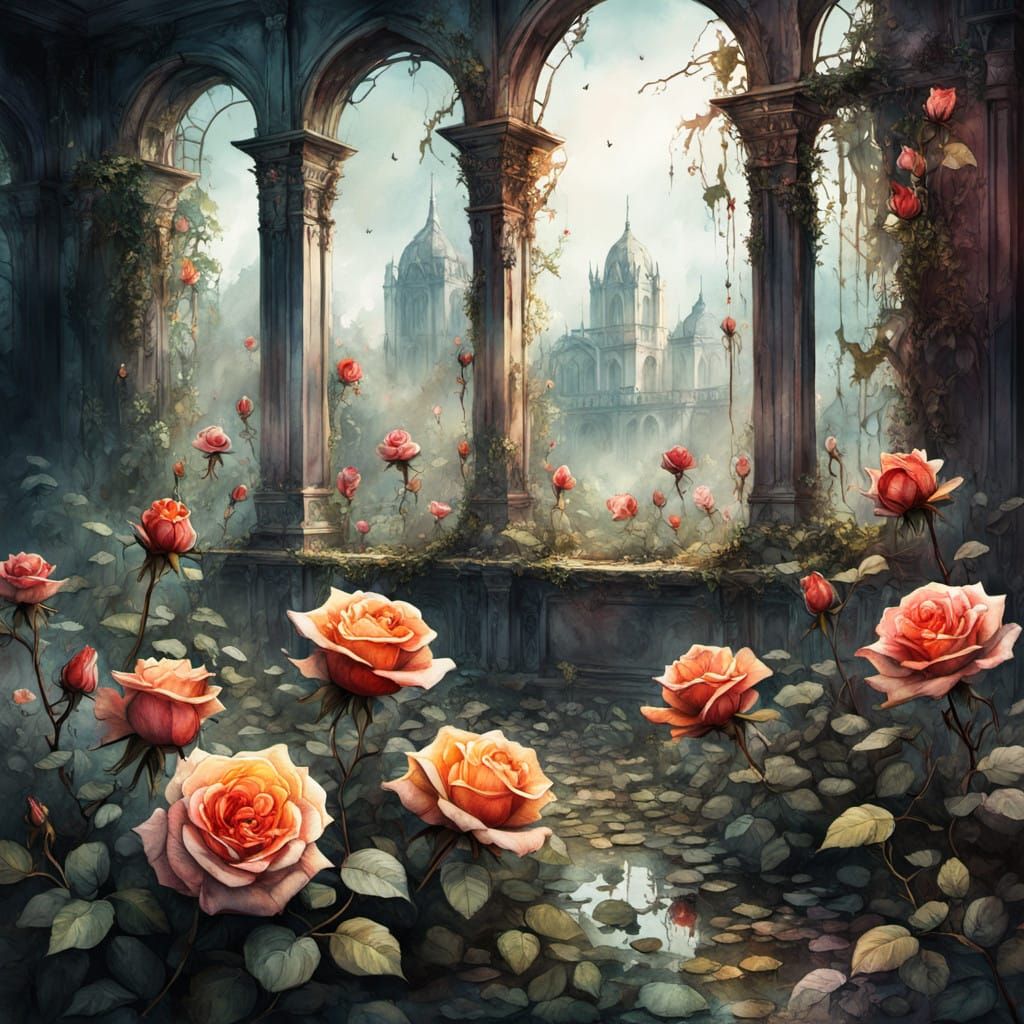 Whimsical Watercolor Garden Blooms in Abandoned Arboretum