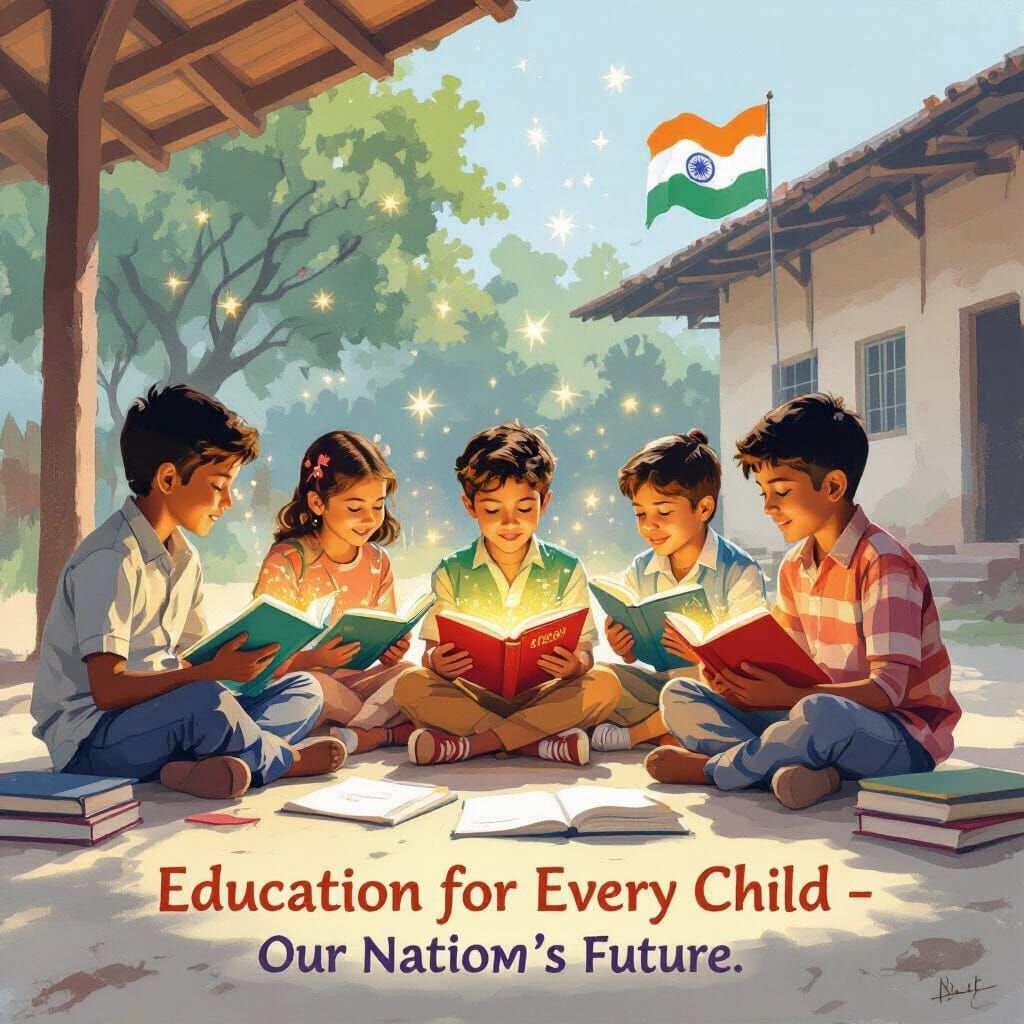 Diverse Children Study Together Under Glowing Books