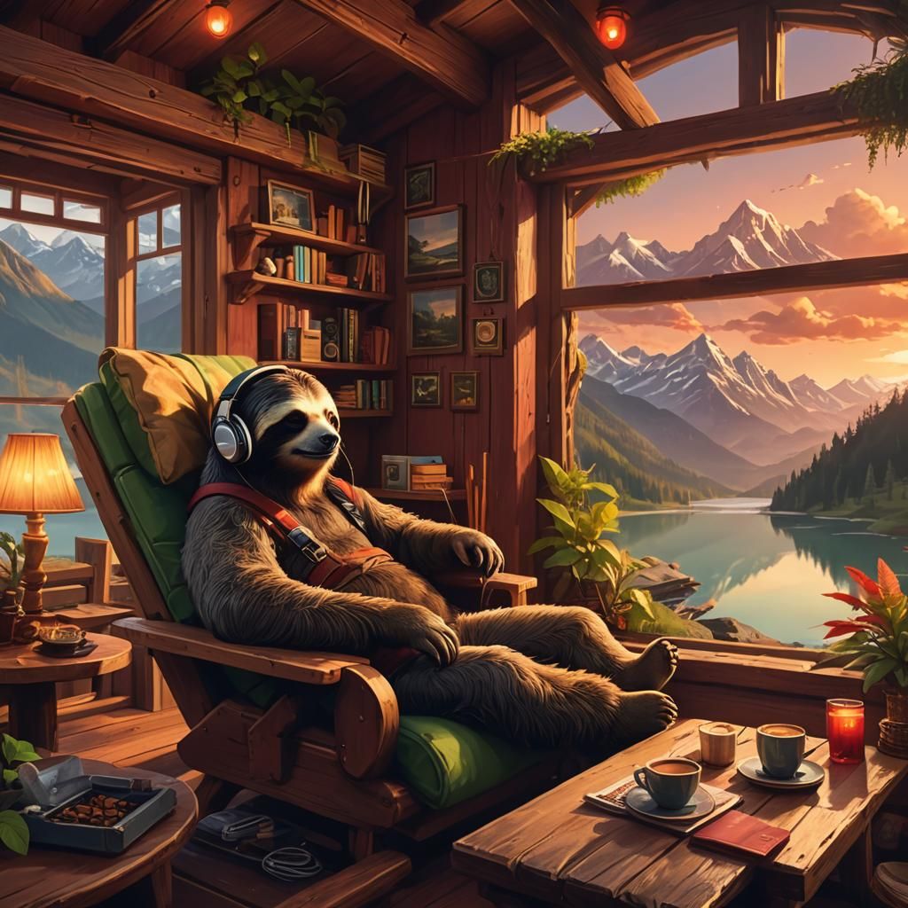 Lofi Sloth Retreat Overlooking Mountain Lake