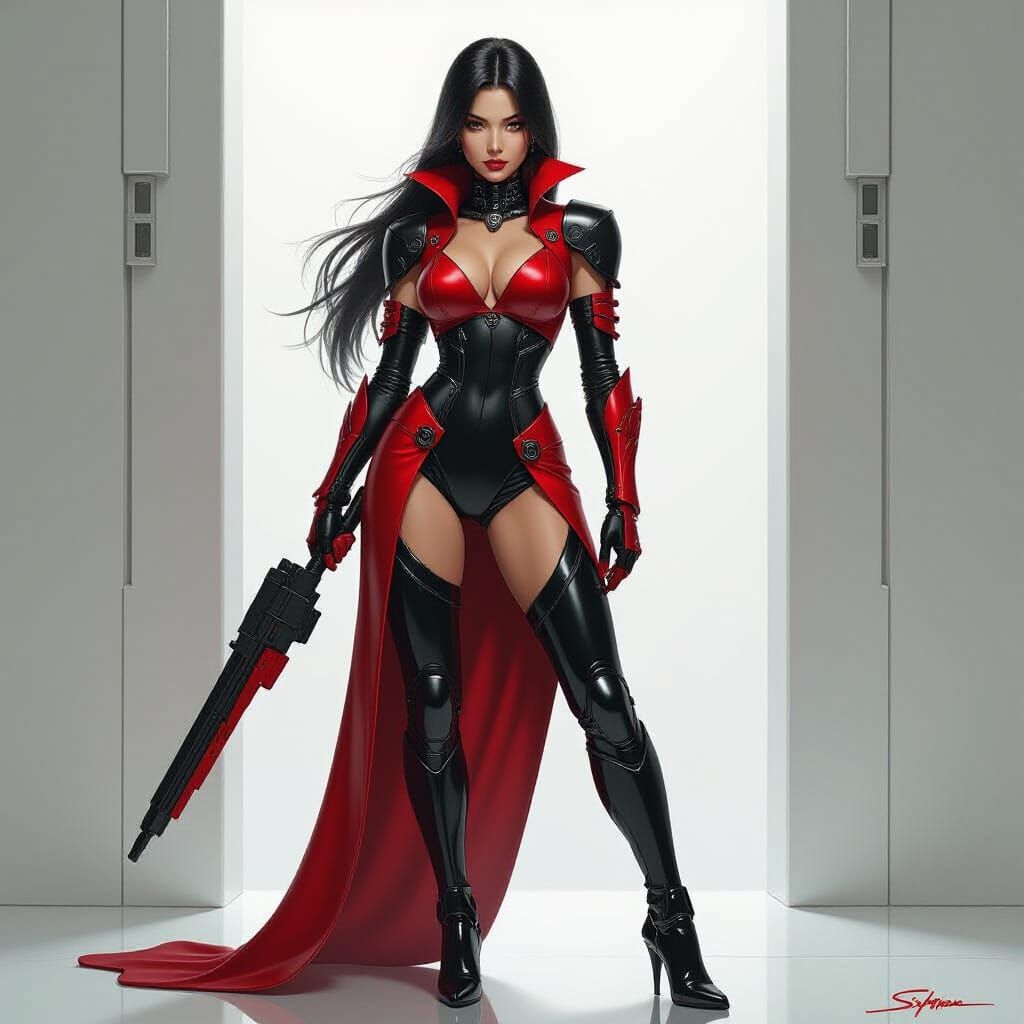 Cybernetic Femme Fatale in Crimson and Ebony