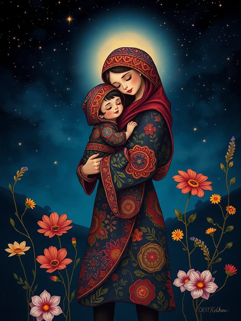 Whimsical Folk Art Mother and Child Under Starry Skies