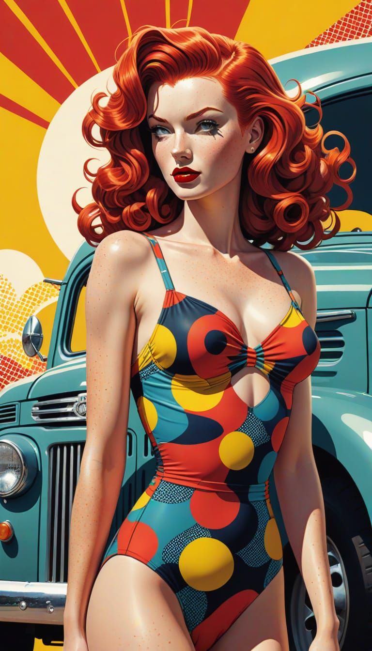 Vintage Redhead in Retro Swimsuit Against Old Truck