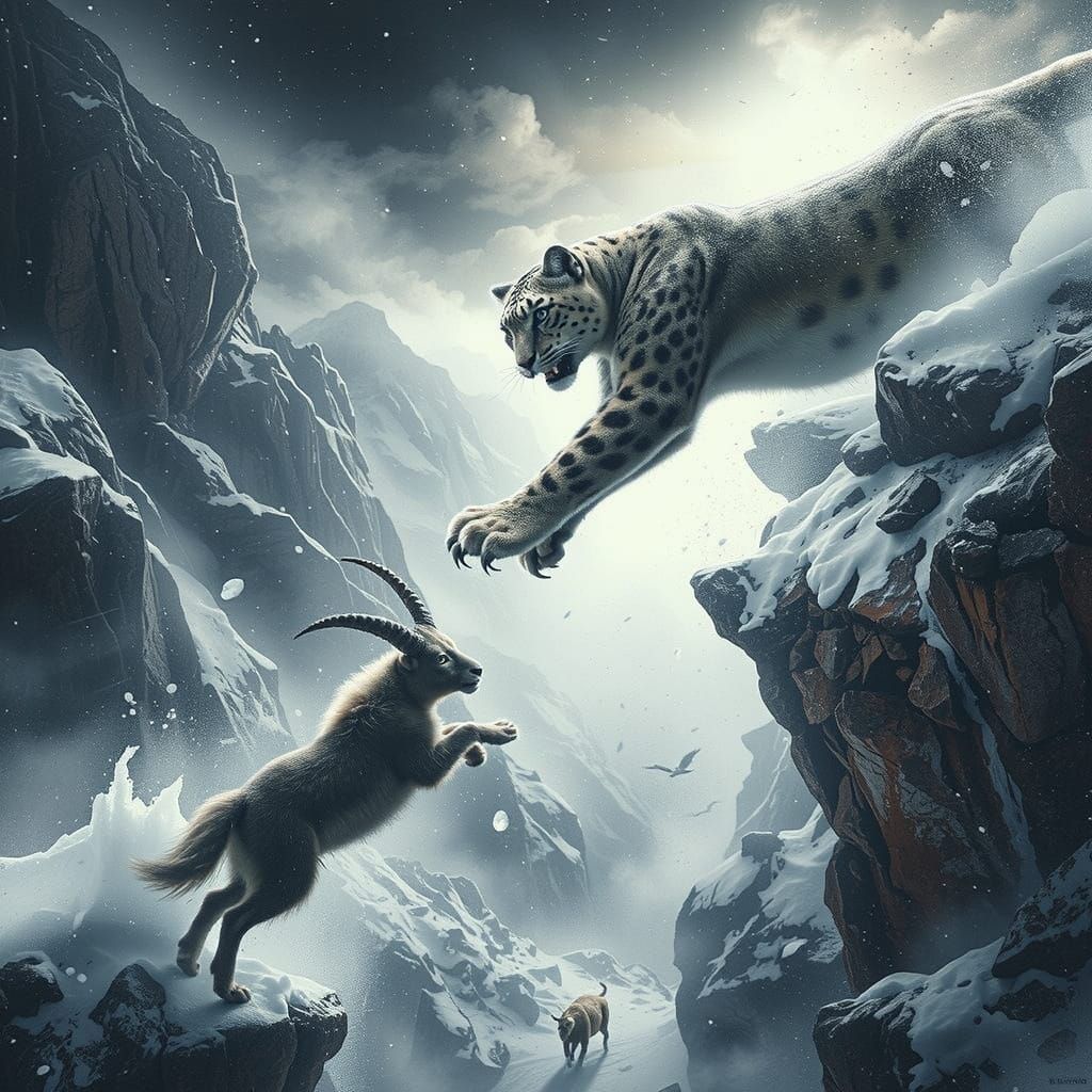 Snow Leopard Hunts Goat in Dramatic Mountain Scene