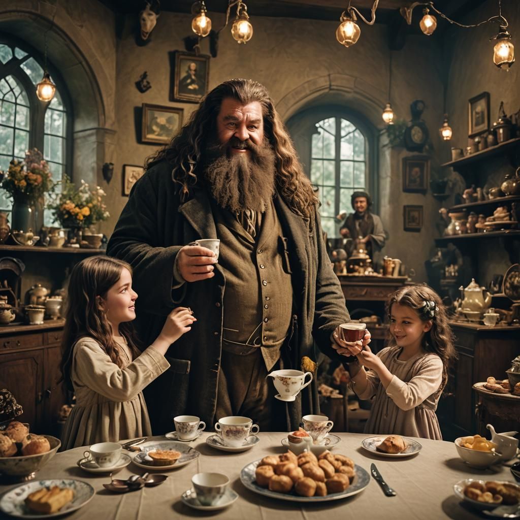 Hagrid at a tea party with his daughters.