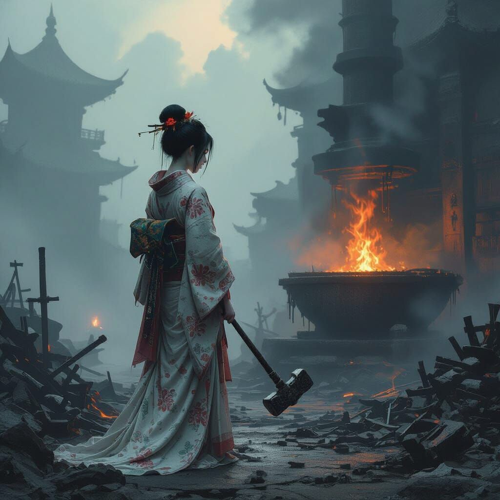 Spectral Geisha at Twilight Forge, in Dark Fantasy Style