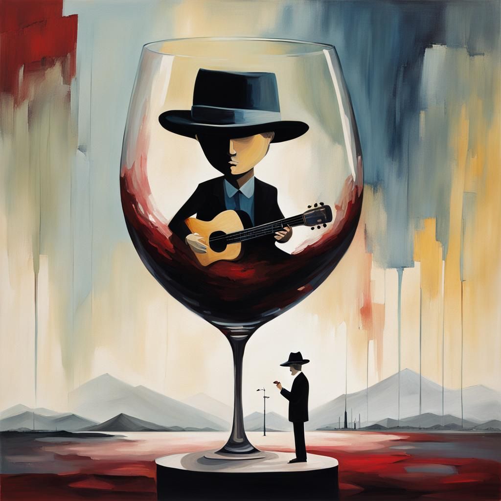 Miniature Guitarist in Wine Glass: Surreal Minimalist Painti...