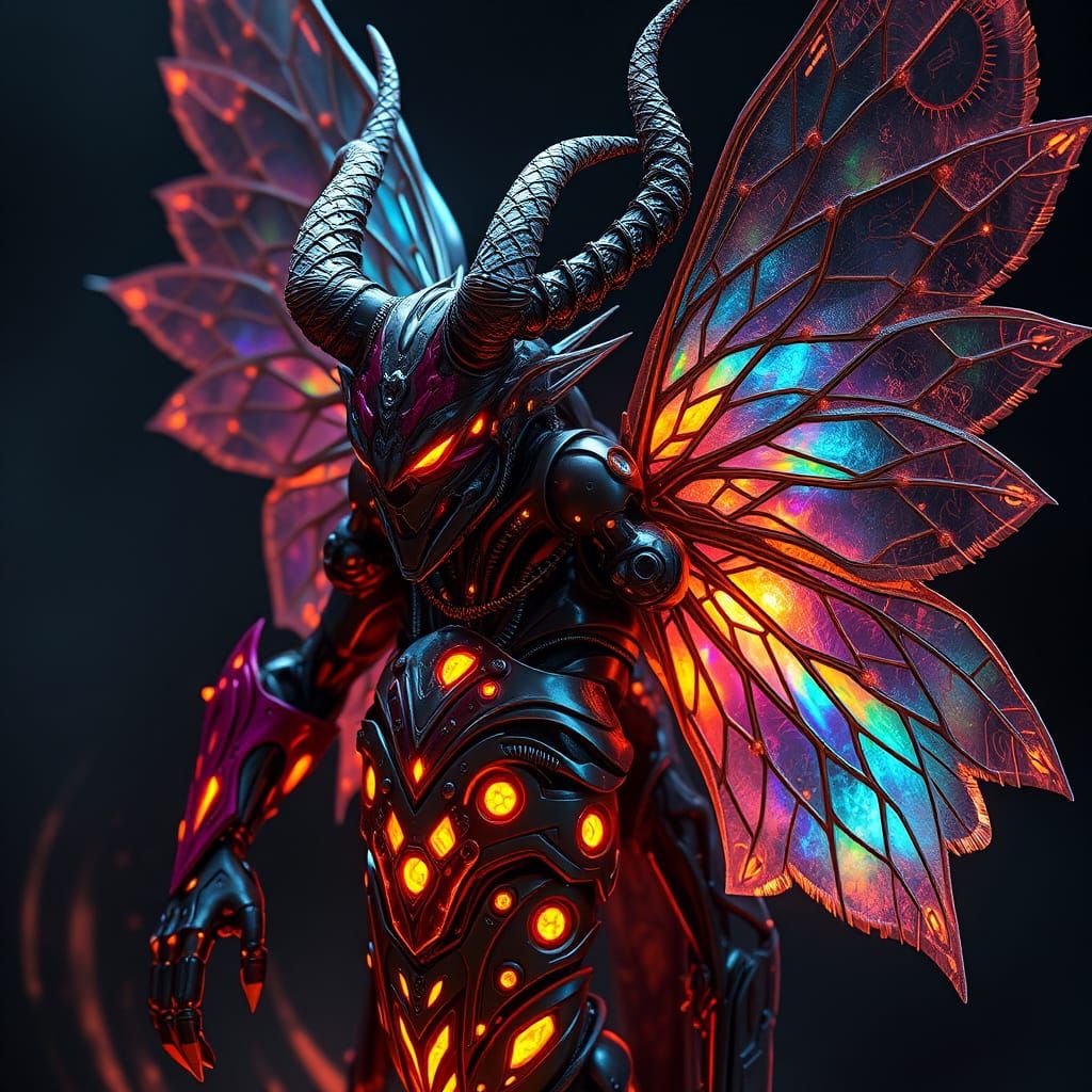 Cyborg Oni with Iridescent Wings in Dark Fantasy Sci-Fi Styl...