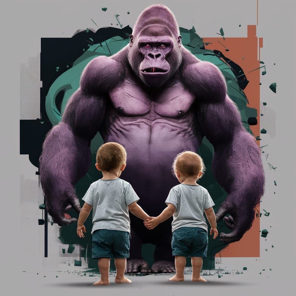 Surreal Digital Art of Children and a Giant Purple Gorilla