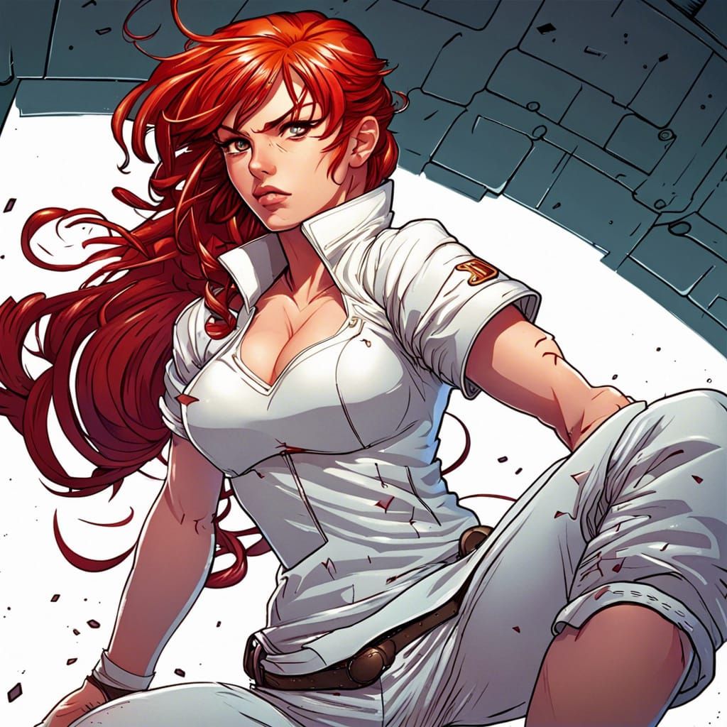 Red-Haired Anime Girl in Fighting Pose: Comic Book Art