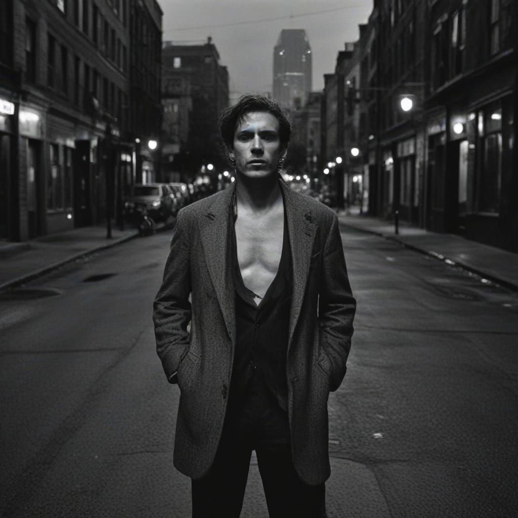 monochrome, photo-realism. realistic photography,  night shot , full body  close-up portrait of [Leslie Reed ], street p...