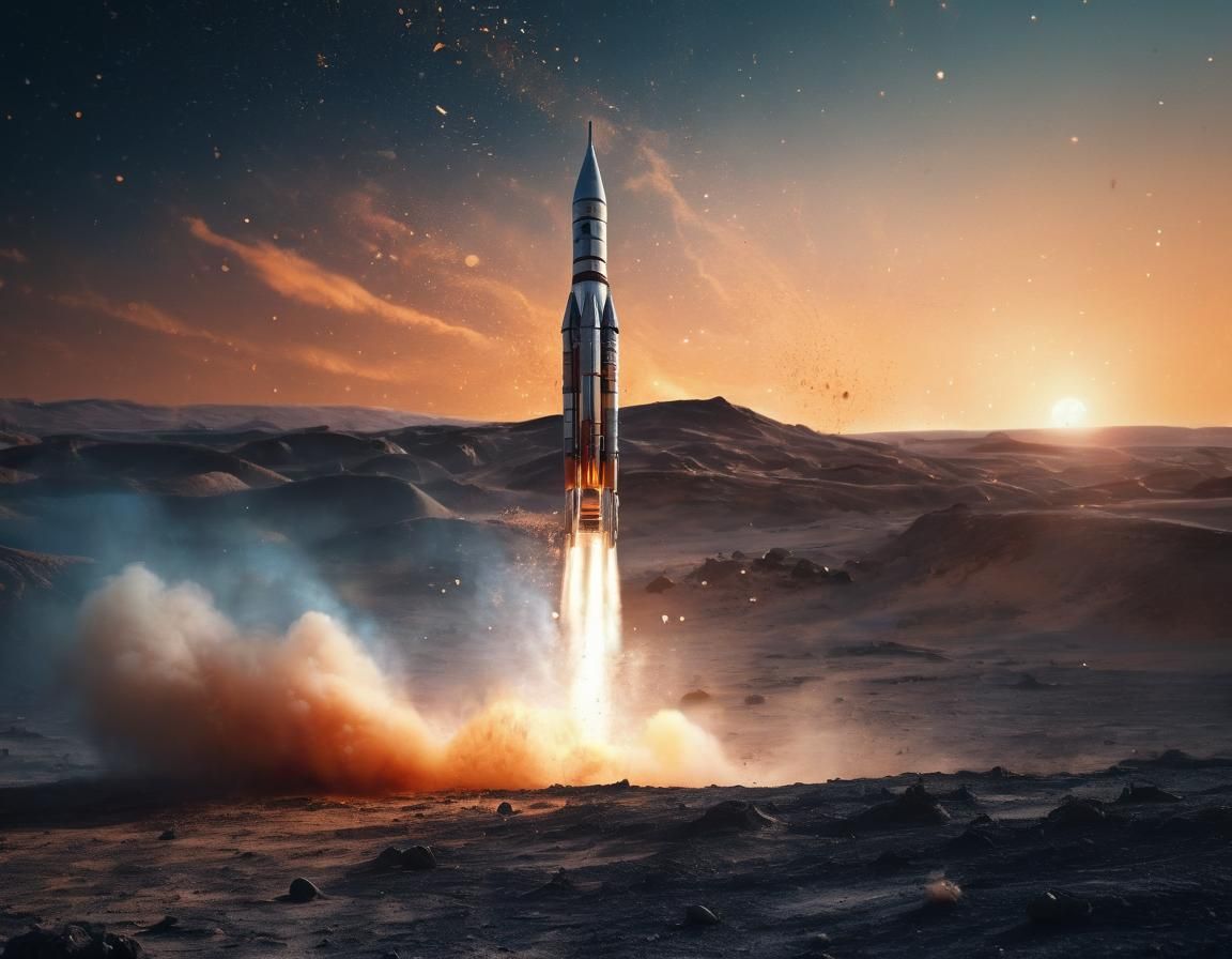 Dramatic Rocket Launch in Lunar Landscape, Double Exposure