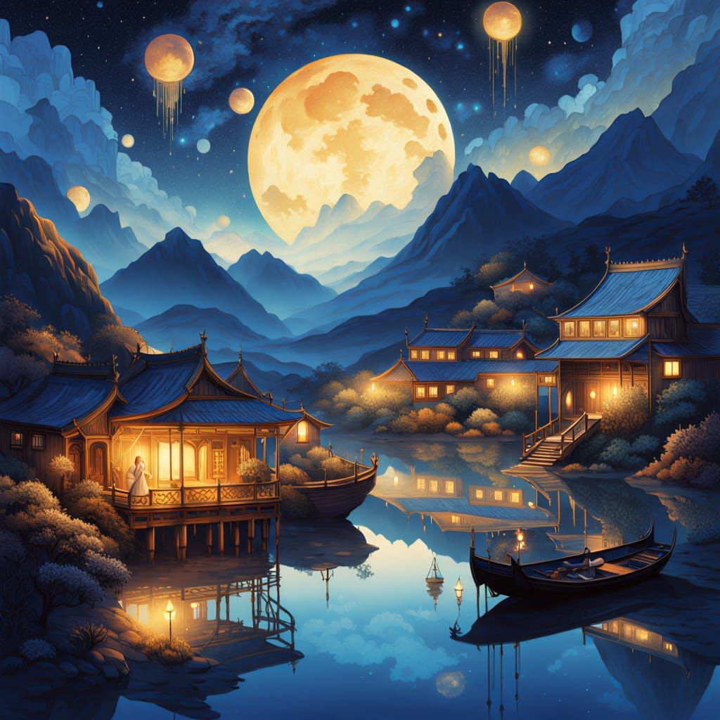 Cosmic Chinese Village Reflected in Lake at Night