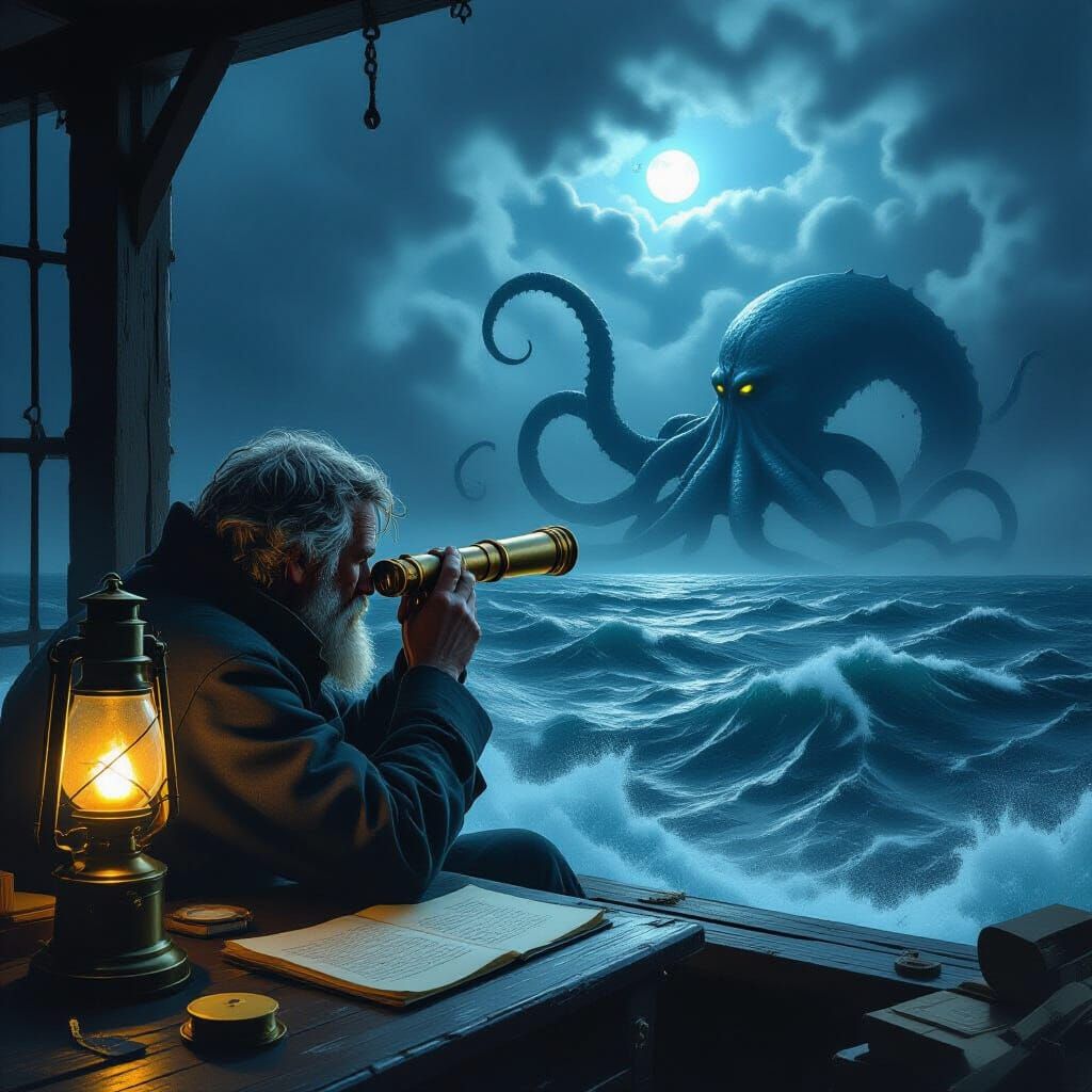 Lighthouse Keeper Polishes Telescope Overlooking Stormy Sea