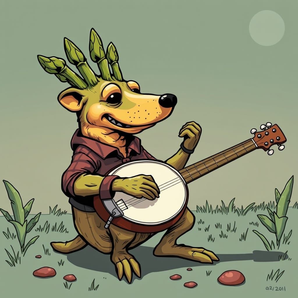 Whimsical Cartoon Asparagus Dog Plays Banjo