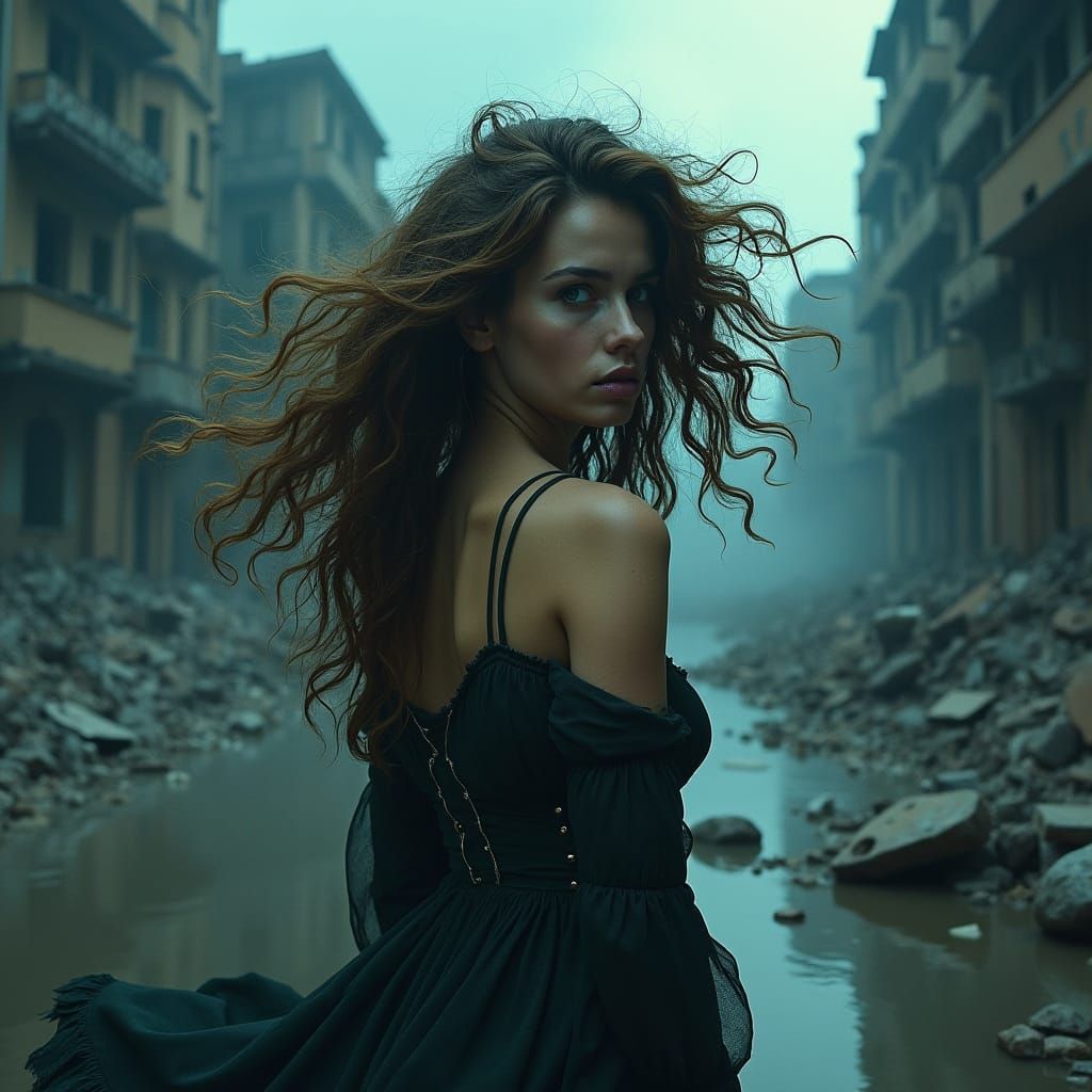 Woman in Stormy Cityscape: Expressive Digital Art