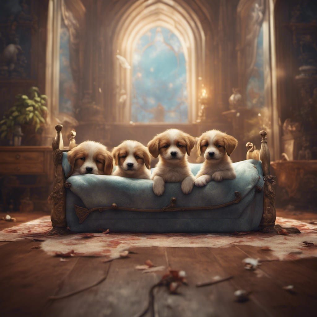Cute Puppies Sleeping: Detailed Matte Painting