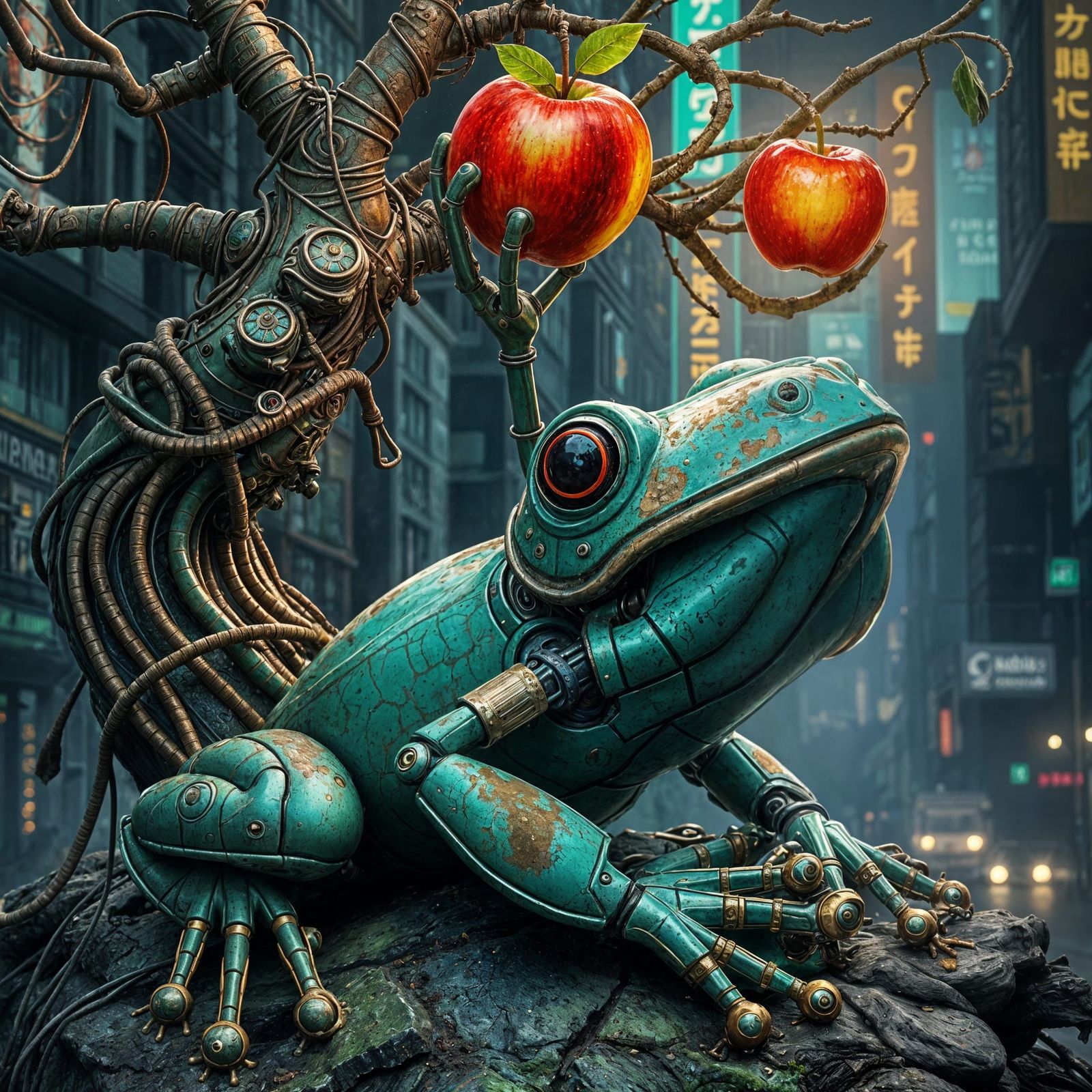 Rusting Cyberpunk Robot Frog in Verdigris, Egon Schiele Meet...