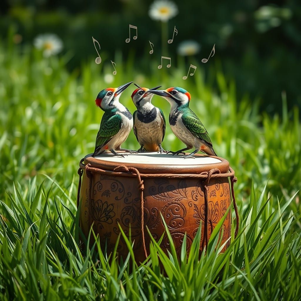 Woodpeckers Create Rhythmic Melody on a Sun-Kissed Drum in a...