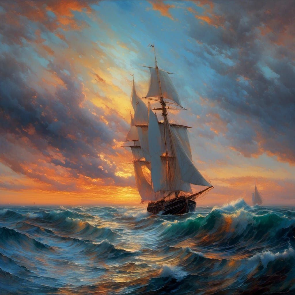 Sailboat at Dawn Before the Storm in Liquid Style