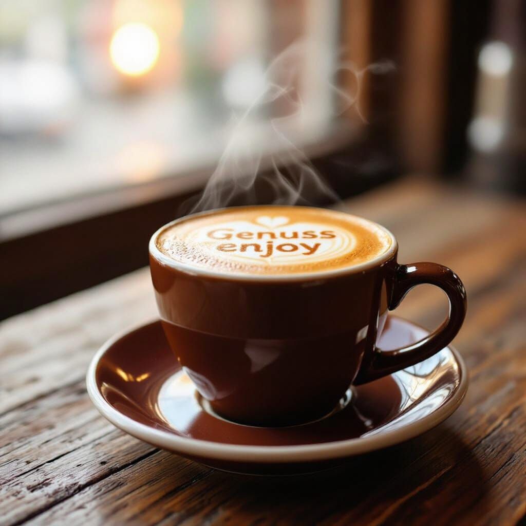 Barista Coffee Art with "Genuss" Foam on Wooden Table