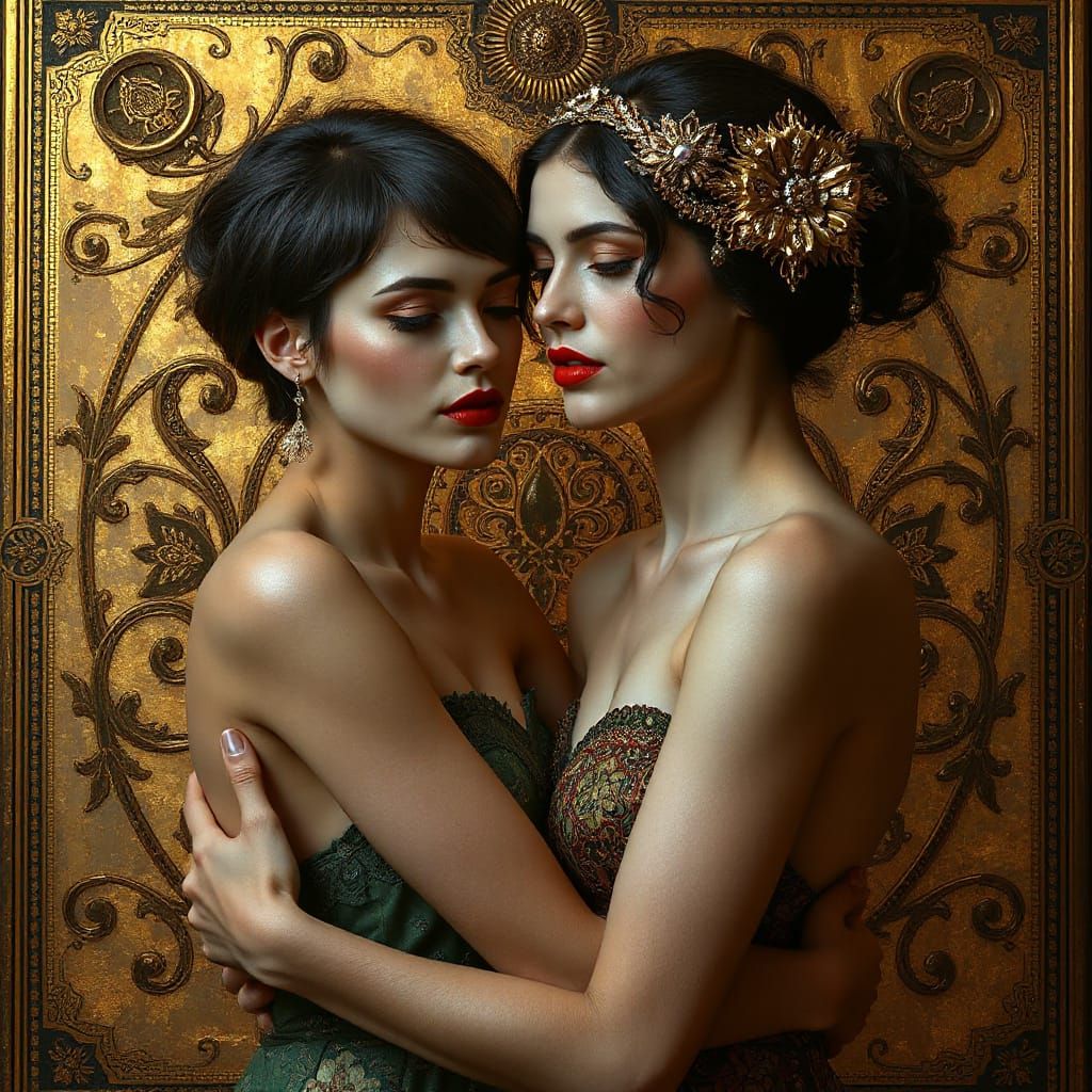 Elegant Women Embracing in Klimt Art Nouveau Style