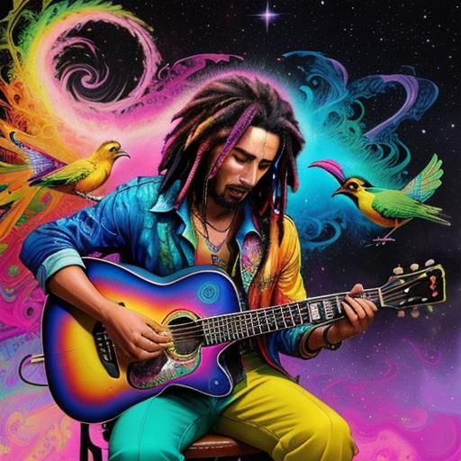 Bob Marley's Cosmic Concert: Colorful Birds in Vaporwave Dre...
