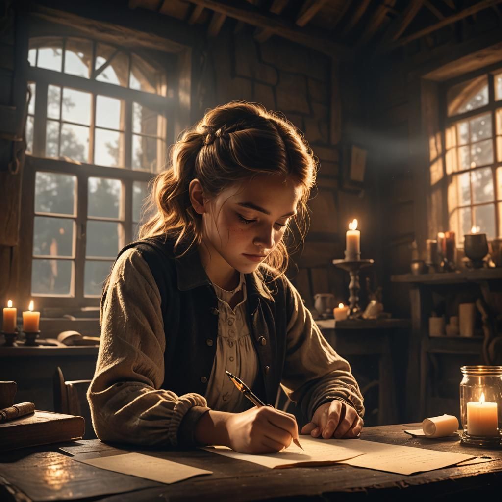 Dramatic Barn Scene: Girl Writing Letter by Candlelight