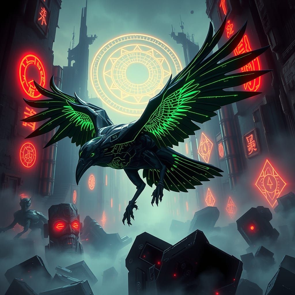 A raven with a sleek black chrome body adorned with neon green fractal tattoos, prowling through the ruins of a futurist...