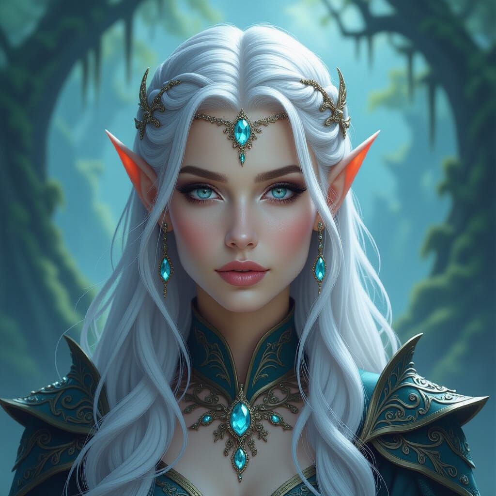 Beautiful Elf Woman in Moonlit Forest Portrait