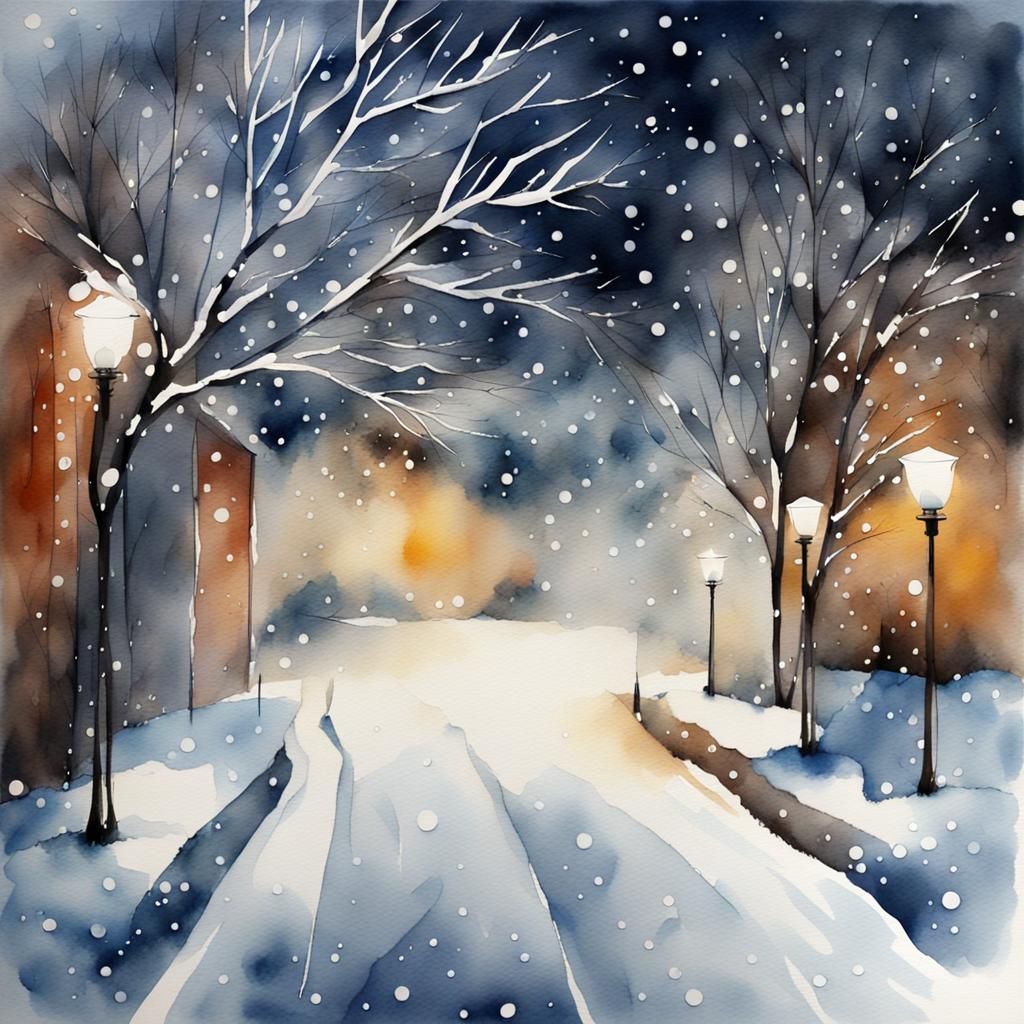 Watercolor Snowfall at Night in Abstract Style