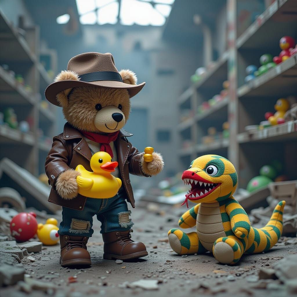 Teddy Bear Adventurer in Post-Apocalyptic Toy Store