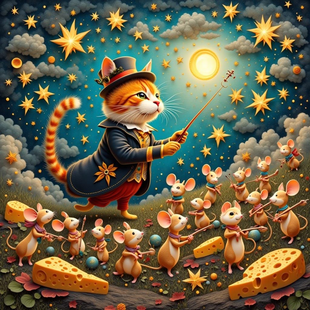 Cat Conductor Leads Mouse Orchestra Under Starry Sky